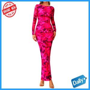 Long Sleeve Bodycon Maxi Dress Formal Floral Mesh Slit Ruched